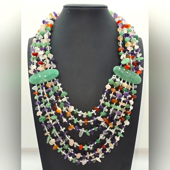 INDIAN MULTI STRAND STONE STATEMENT NECKLACE WITH - Picture 1 of 12